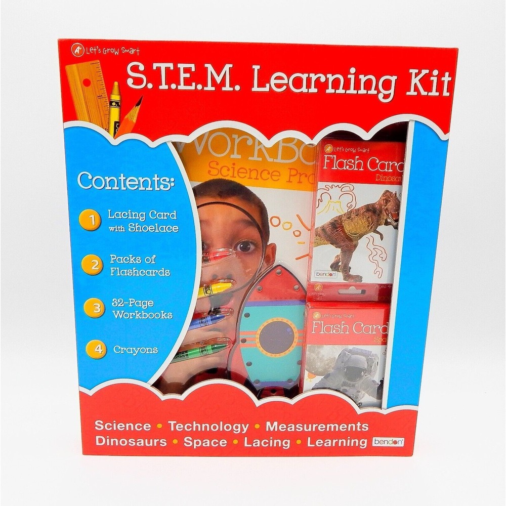 STEM Educational Box Set With 3 Early Learning Workbooks, Flash Cards, Crayons
